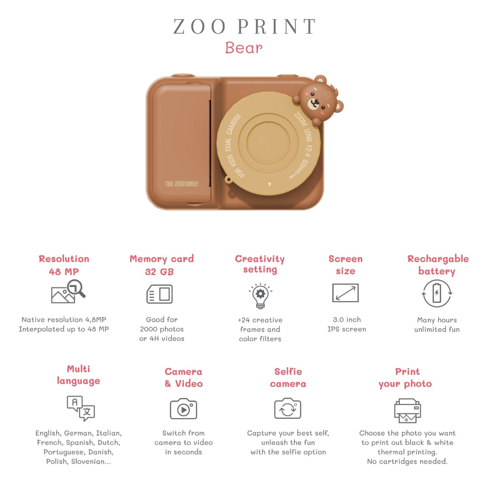 Zoo Print Bear camera with features listed on a white background