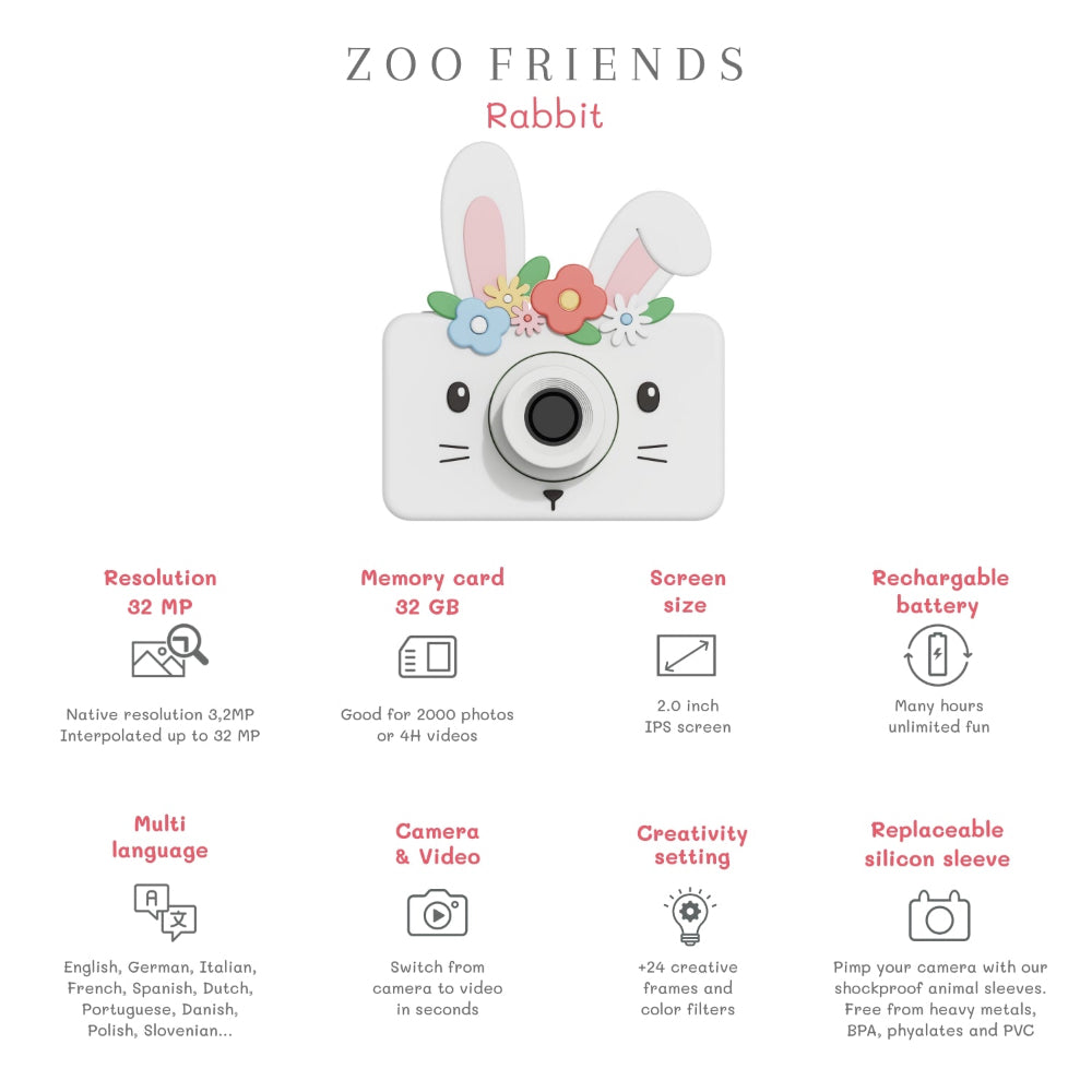 Children's camera with rabbit design on a white background, featuring text and icons about camera specifications.