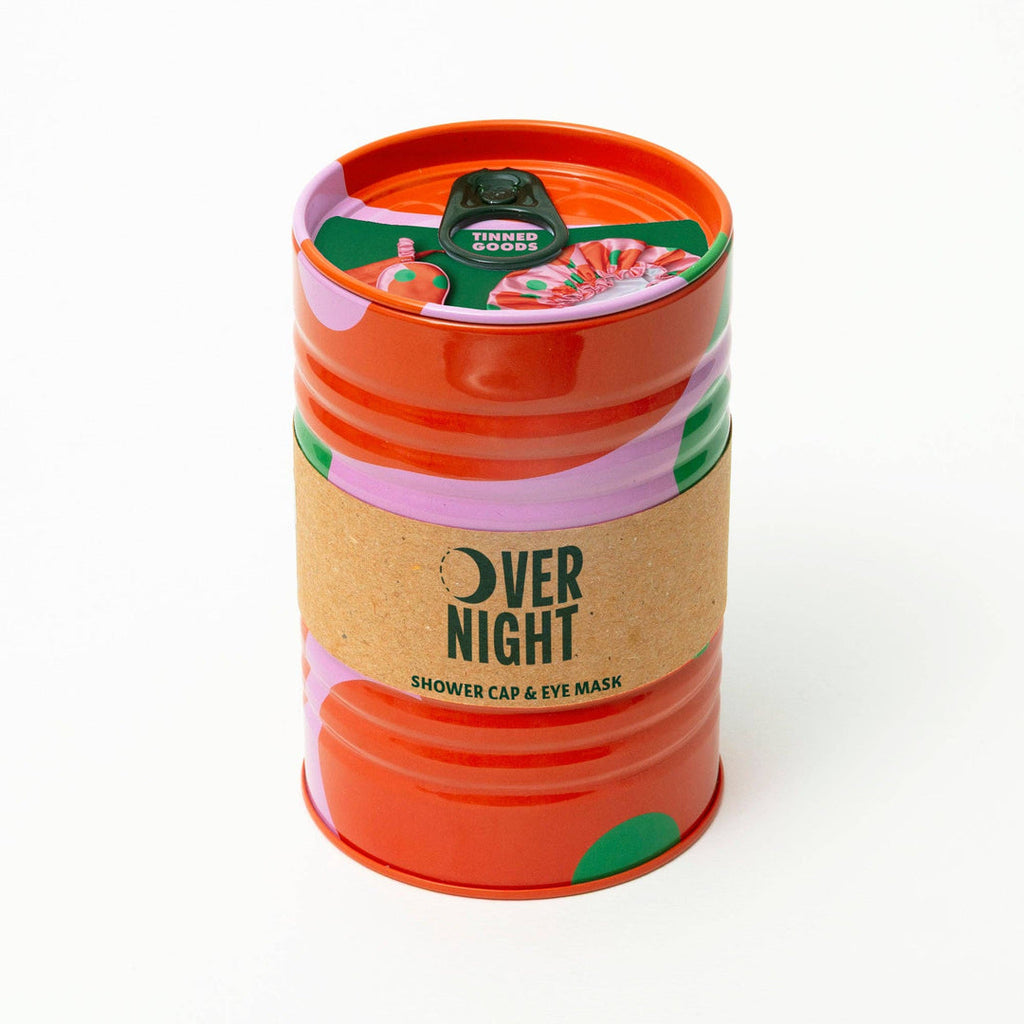 Block Design Tinned Goods travel set with colourful eye mask, shower cap and waterproof bag in a baked beans style tin, image 3