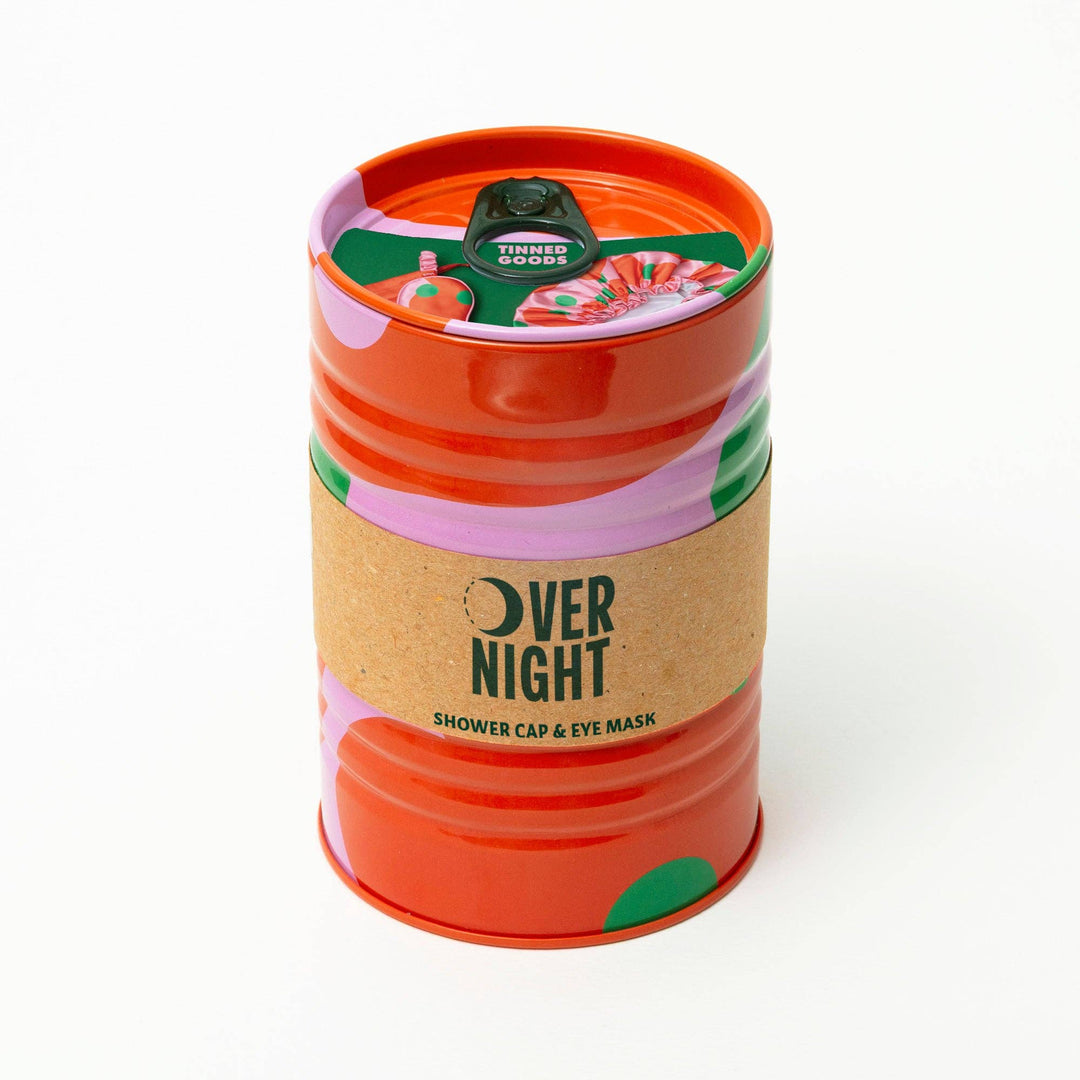 Block Design Tinned Goods travel set with colourful eye mask, shower cap and waterproof bag in a baked beans style tin, image 3
