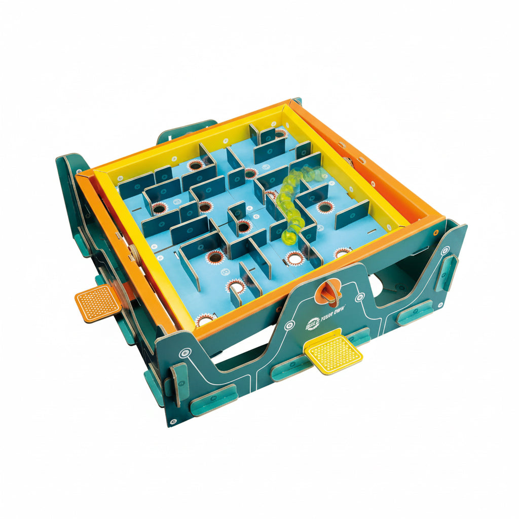 Colourful maze toy with a ball inside on a white background