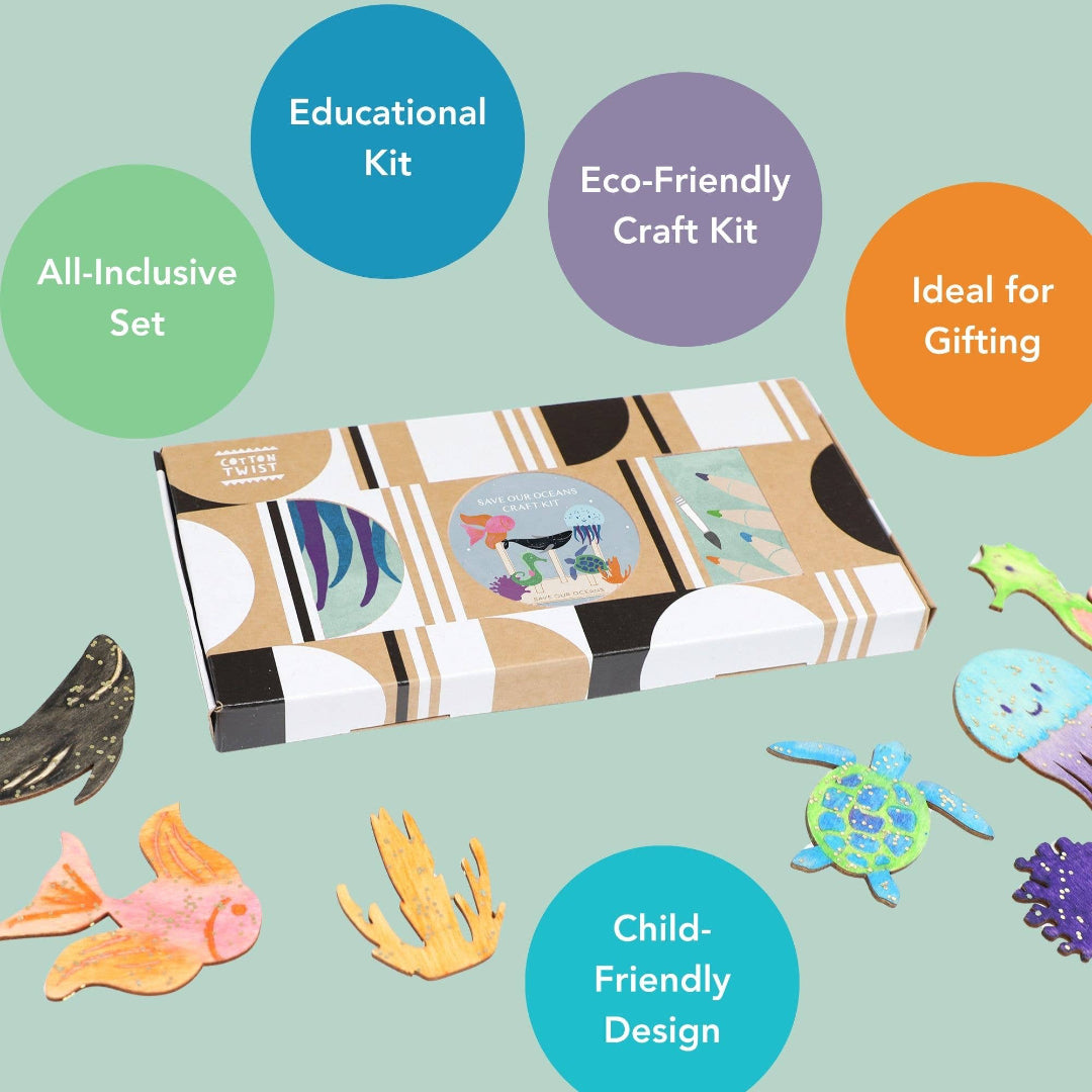 Educational craft kit with colourful labels on a light green background