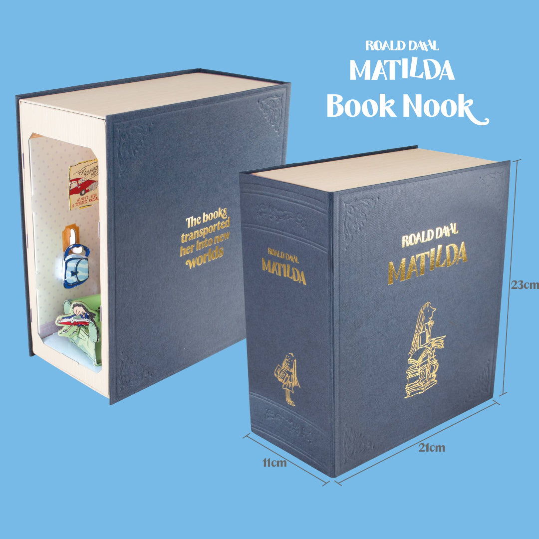 Blue book-shaped container with 'Matilda' by Roald Dahl branding on a blue background