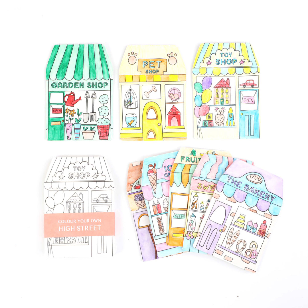 Colouring pages with illustrations of shops and buildings on a white background
