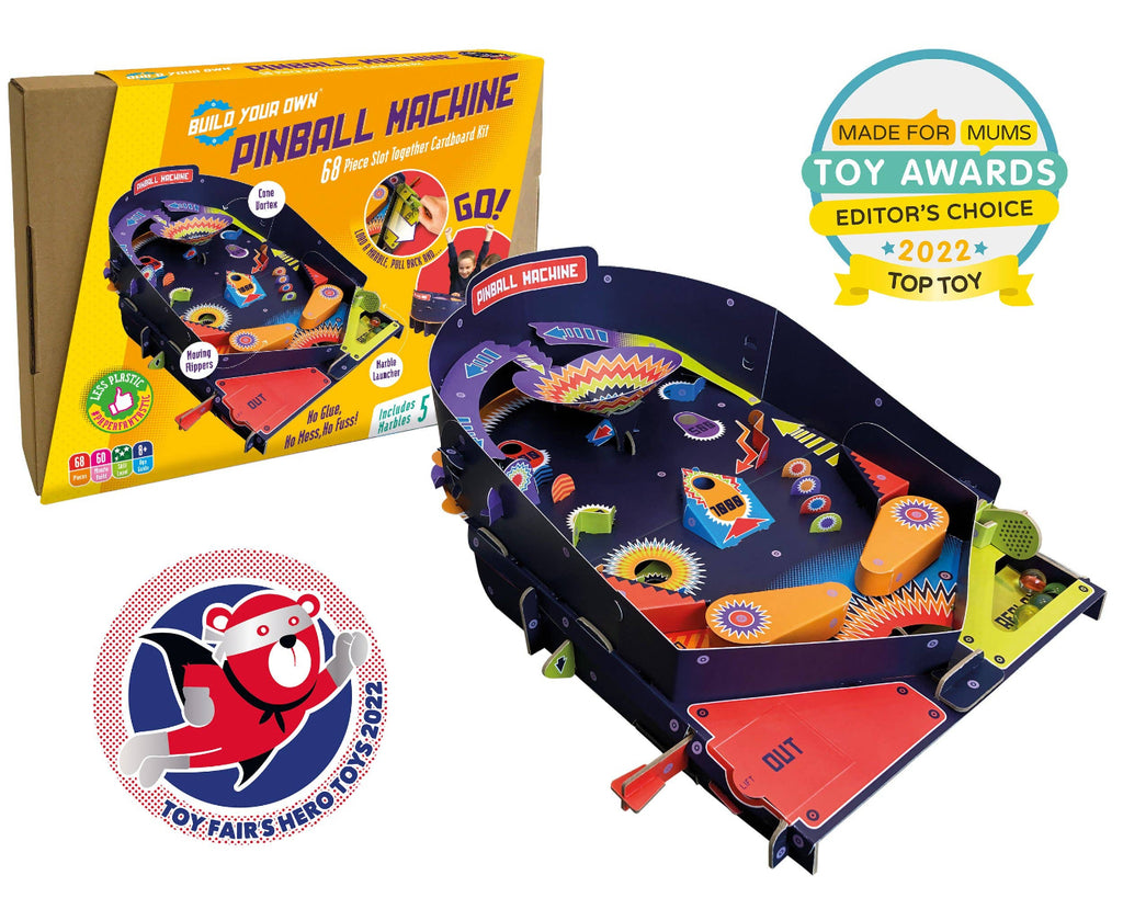 Pinball machine toy with packaging and awards on a white background