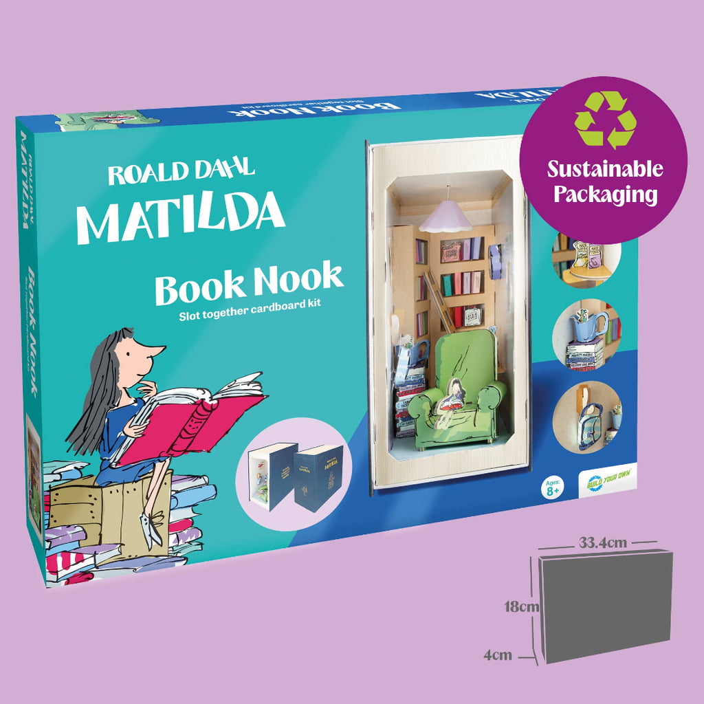 Roald Dahl Matilda Book Nook cardboard kit packaging on a purple background
