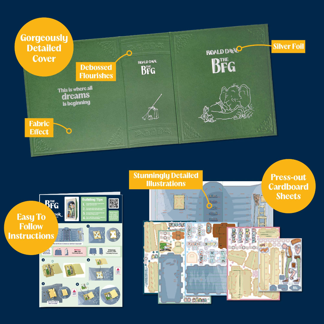 A BFG book kit display on a dark blue background, showing the green fabric-covered book cover with yellow callout labels, plus included press-out cardboard sheets and instruction pages. Text highlights include 'Gorgeousy Detailed Cover,' 'Stunningly Detailed Illustrations,' and 'Press-out Cardboard Sheets.