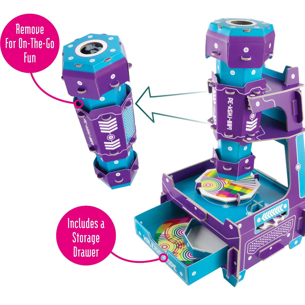 Toy kaleidoscope with detachable parts and storage drawer on a white background