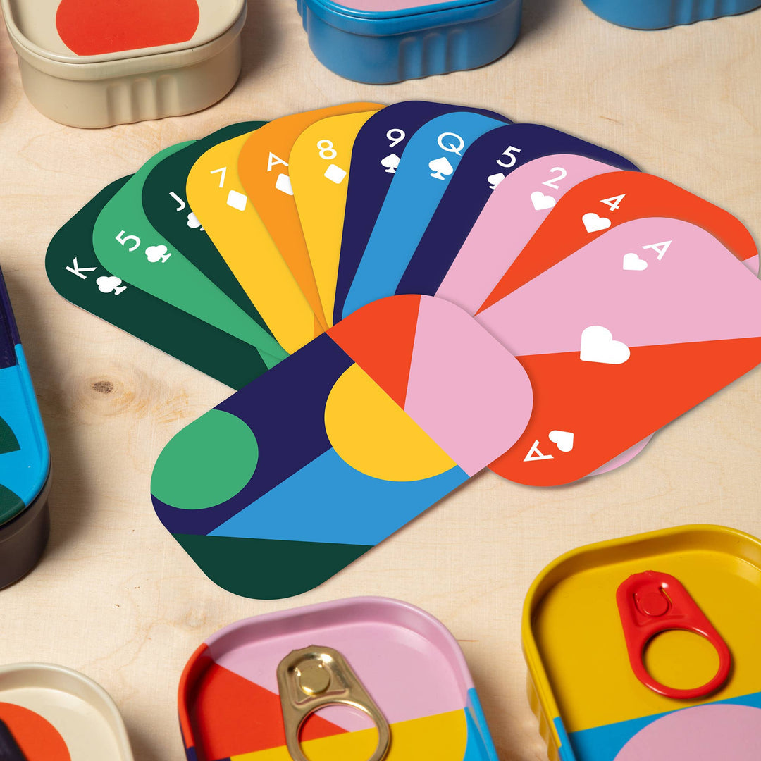 Block Design Tinned Goods colourful travel playing cards in a retro style tin