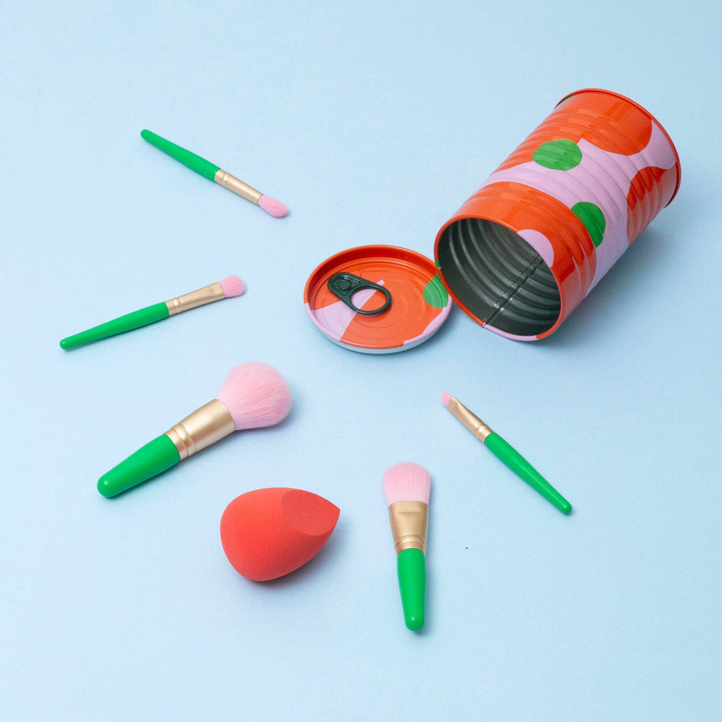 Block Design Tinned Goods make-up set with five colourful brushes and a sponge in a baked beans style tin, image 2