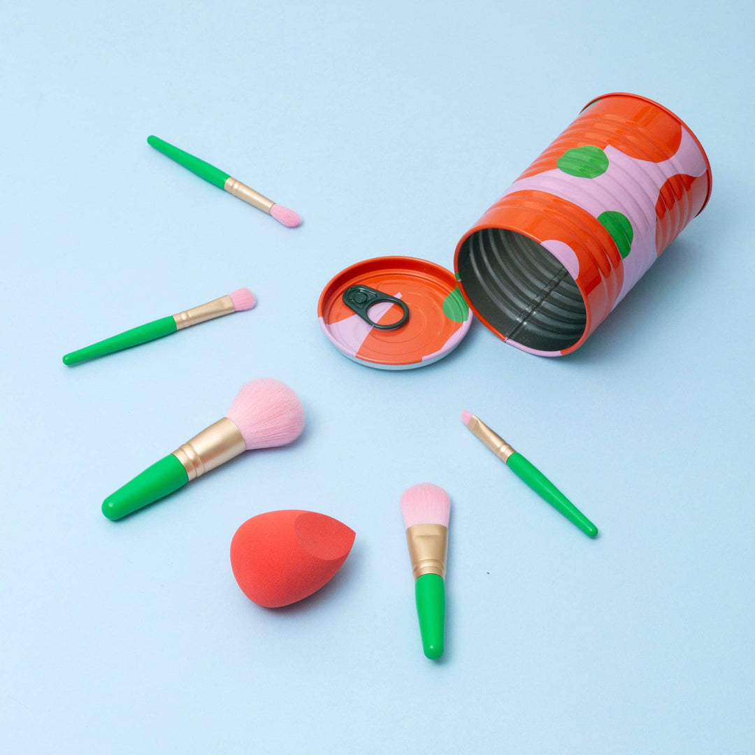 Block Design Tinned Goods make-up set with five colourful brushes and a sponge in a baked beans style tin, image 2