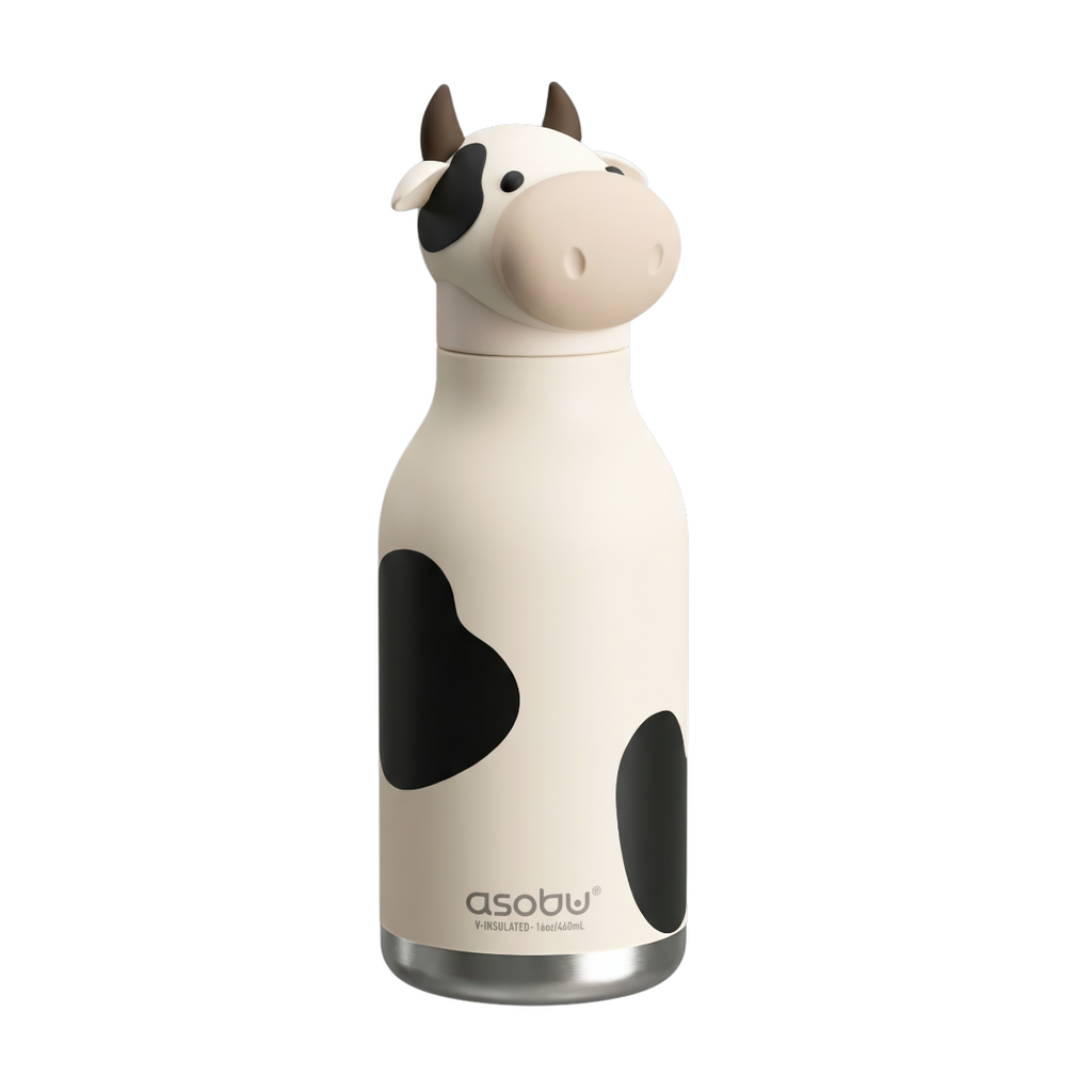 A cow-shaped insulated water bottle with a cream-colored body, black spots, and a detailed cow head lid, shown on a plain white background.