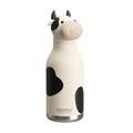 A cow-shaped insulated water bottle with a cream-colored body, black spots, and a detailed cow head lid, shown on a plain white background.
