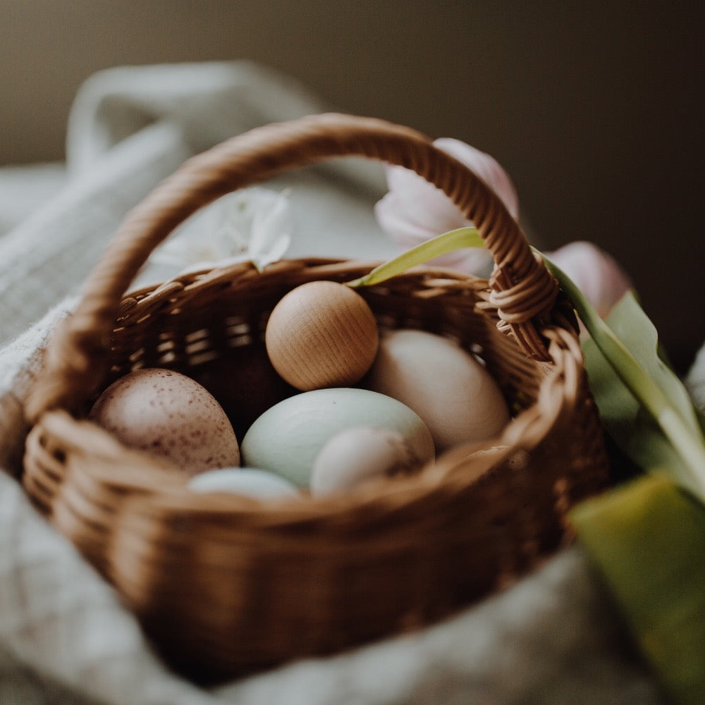 A Dozen bird eggs in a basket - Binky