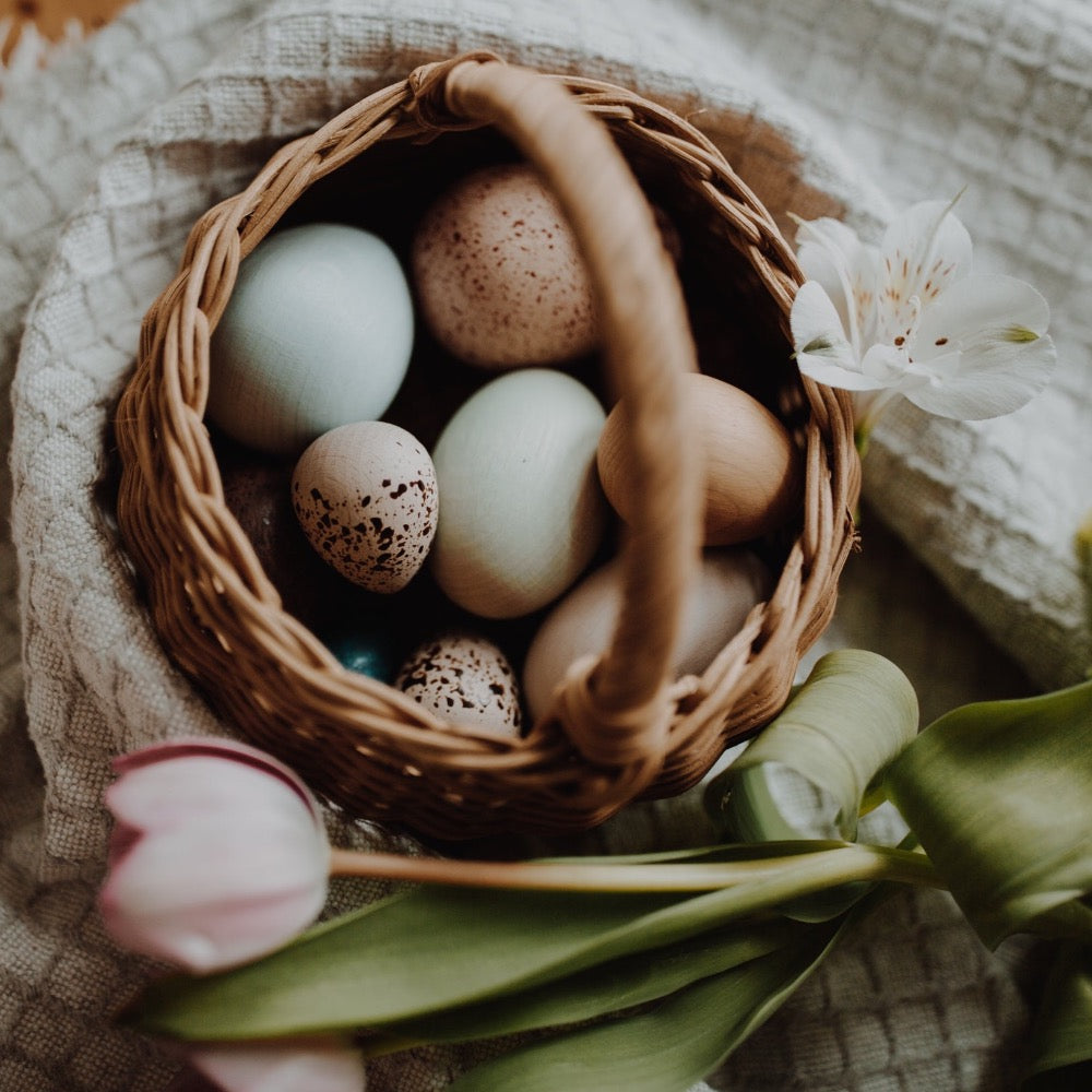 A Dozen bird eggs in a basket - Binky