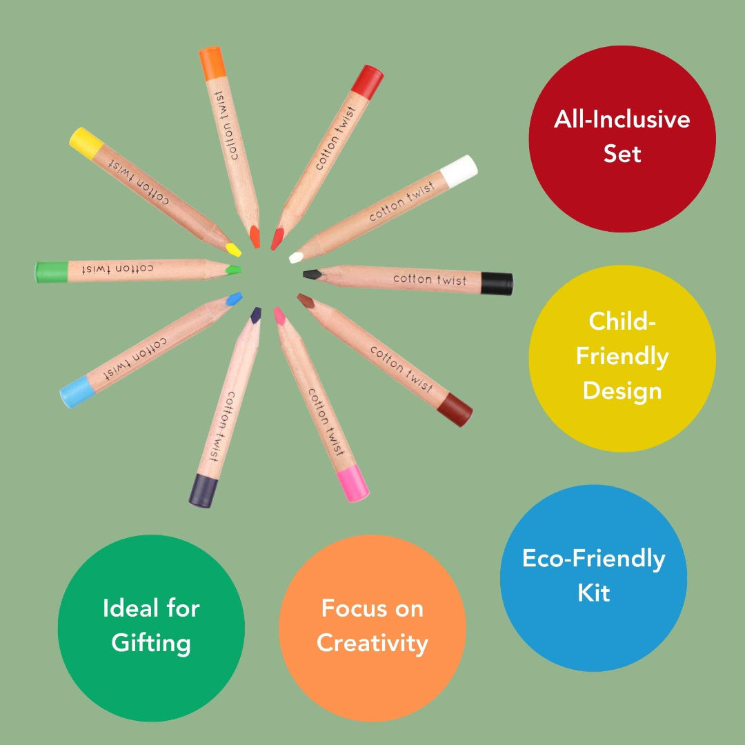 Set of colourful cotton twist pencils arranged in a circle on a green background with text highlighting features.