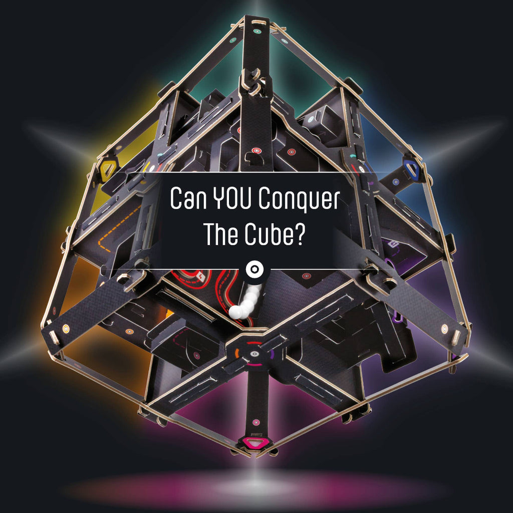 Geometric puzzle cube with text 'Can YOU Conquer The Cube?' on a dark background