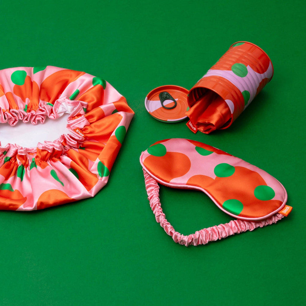Block Design Tinned Goods travel set with colourful eye mask, shower cap and waterproof bag in a baked beans style tin, image 2