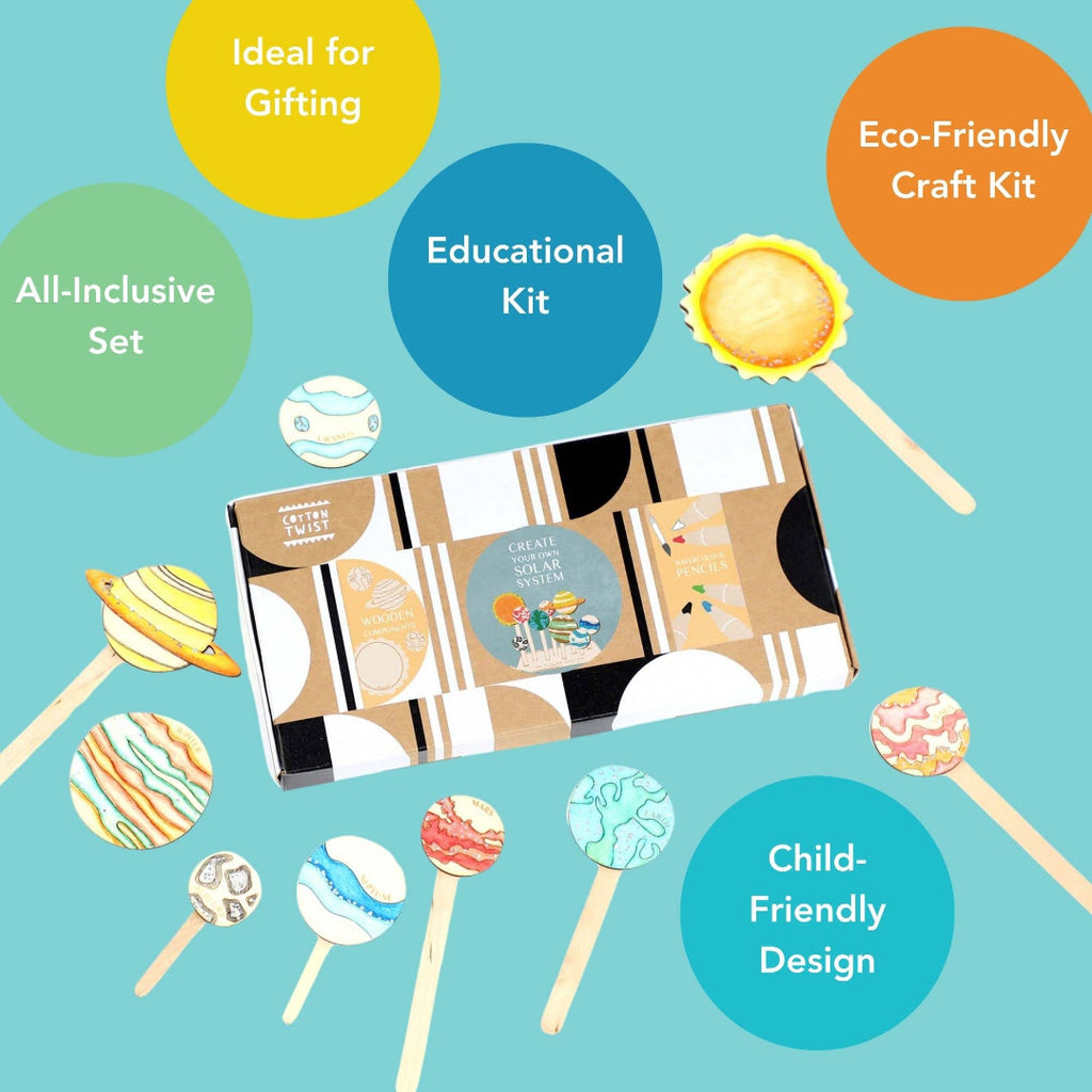 Educational craft kit with toy planets on sticks against a blue background