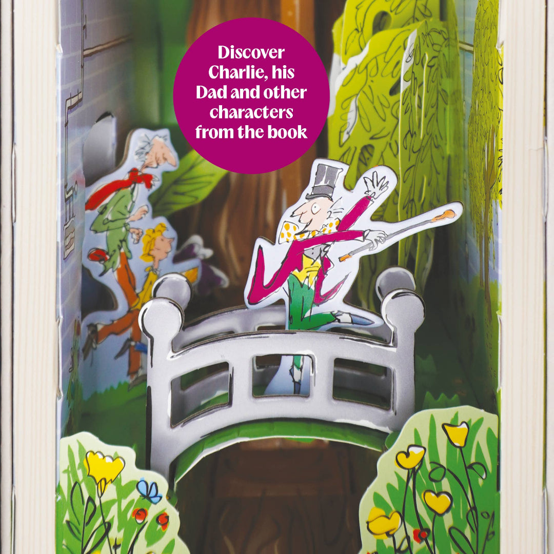 A colorful children's book or activity booklet page featuring illustrated characters and a white arched bridge. A pink circular sticker reads, 'Discover Charlie, his Dad and other characters from the book.