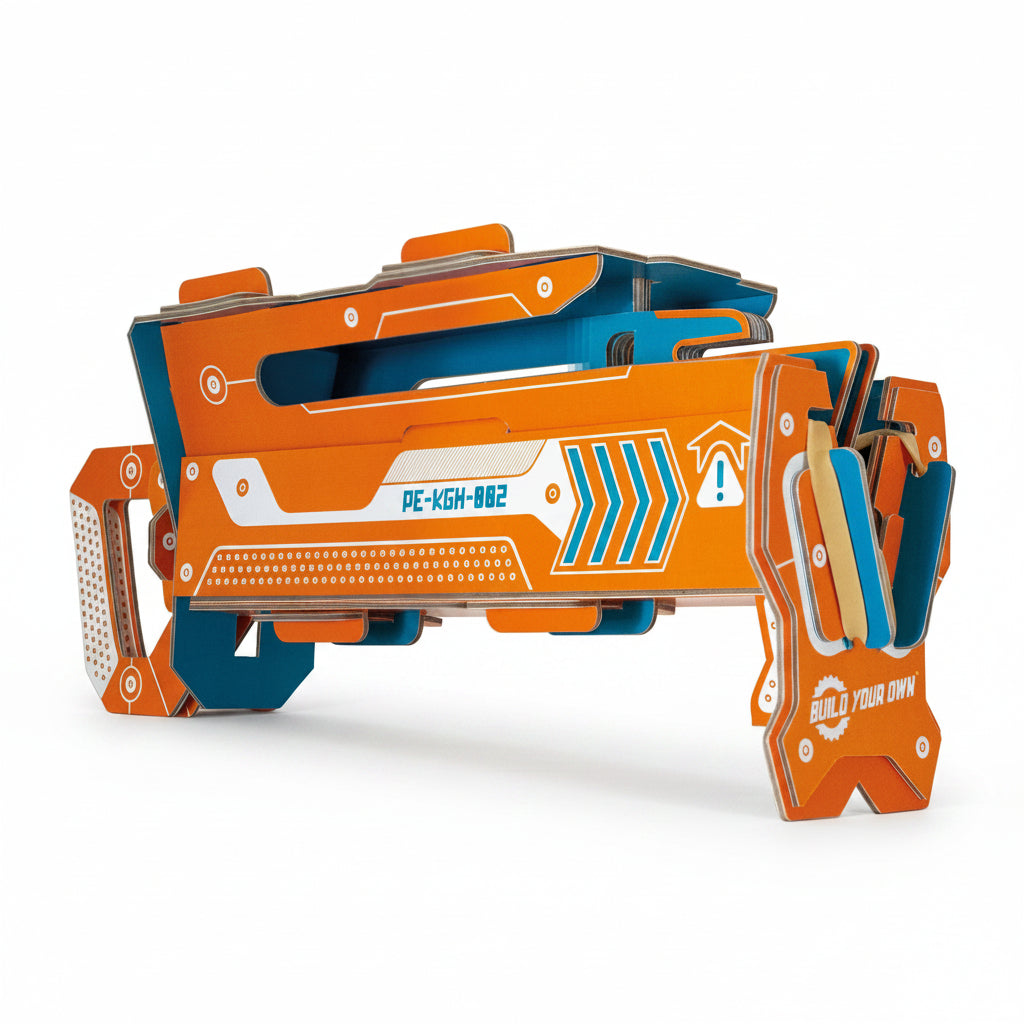 Orange and blue toy blaster with intricate design on a white background