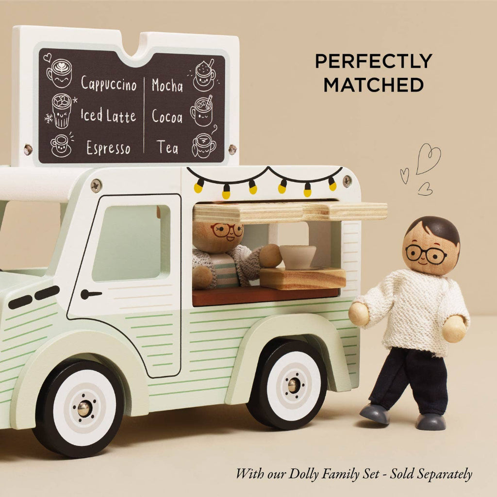 Wooden toy ice cream truck with a small figure next to it on a beige background