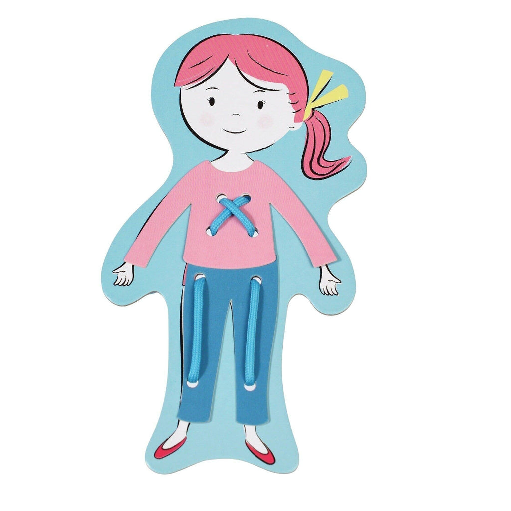 Cartoon character with pink hair and a pink shirt on a blue background