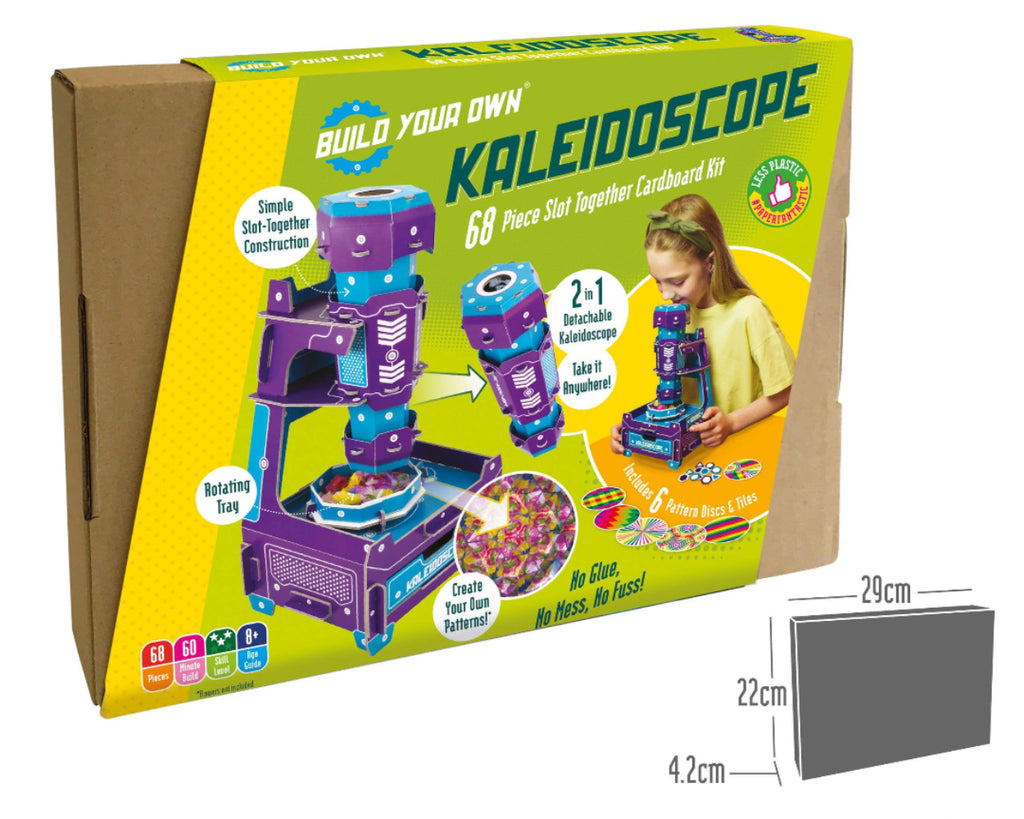 Kaleidoscope toy set packaging with a child and colorful kaleidoscope on a white background