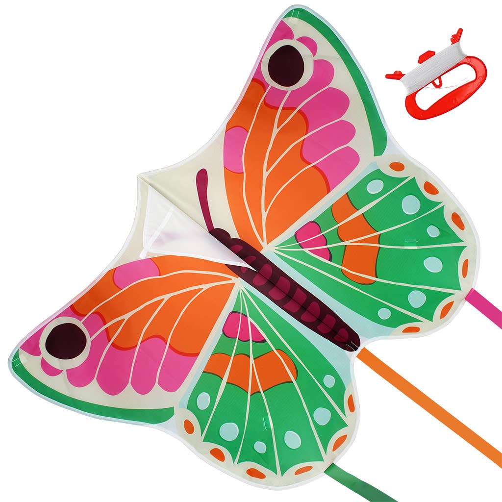 Colorful butterfly kite with a string on a white background