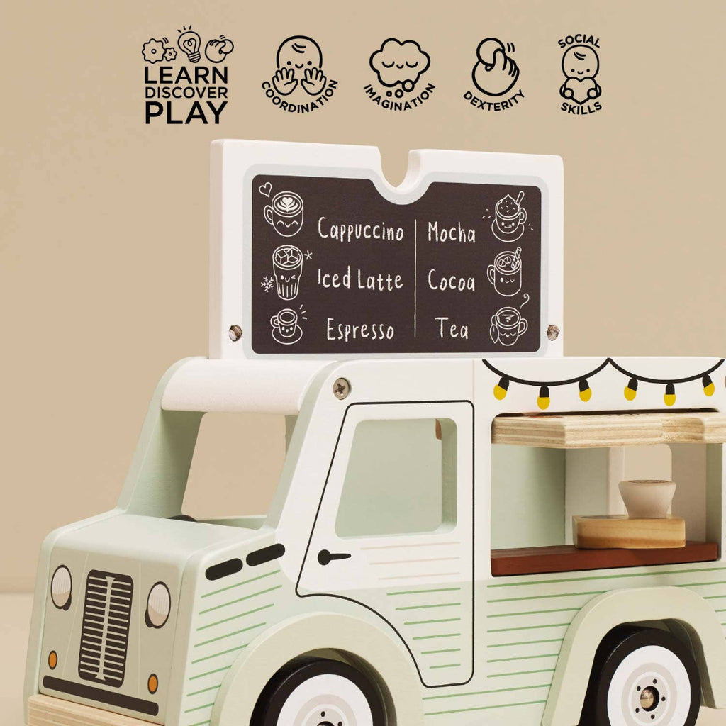 Wooden toy coffee truck with a chalkboard menu on a beige background