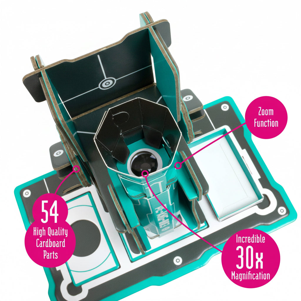 Detailed view of a cardboard microscope with features highlighted