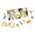 Dinosaur toy set with a box on a white background