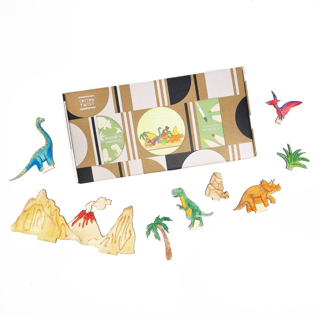 Dinosaur toy set with a box on a white background