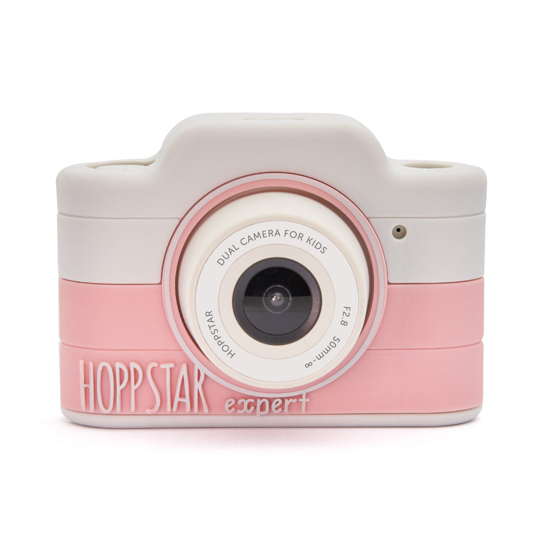 Pink and gray toy camera with 'Hopp Star' branding on a white background
