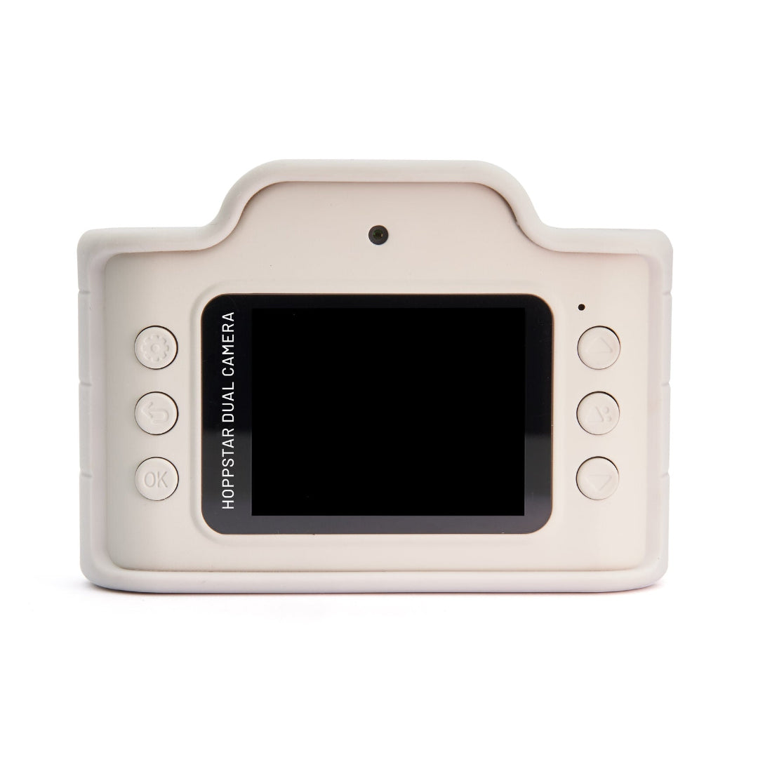 Camera-shaped device with a screen and buttons on a white background