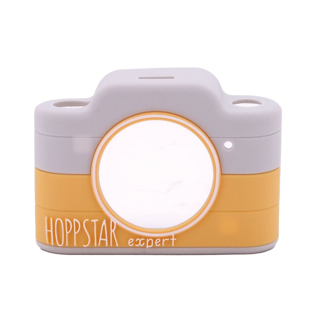 Camera-solicone sleeve with 'Hoppstar expert' branding on a white background