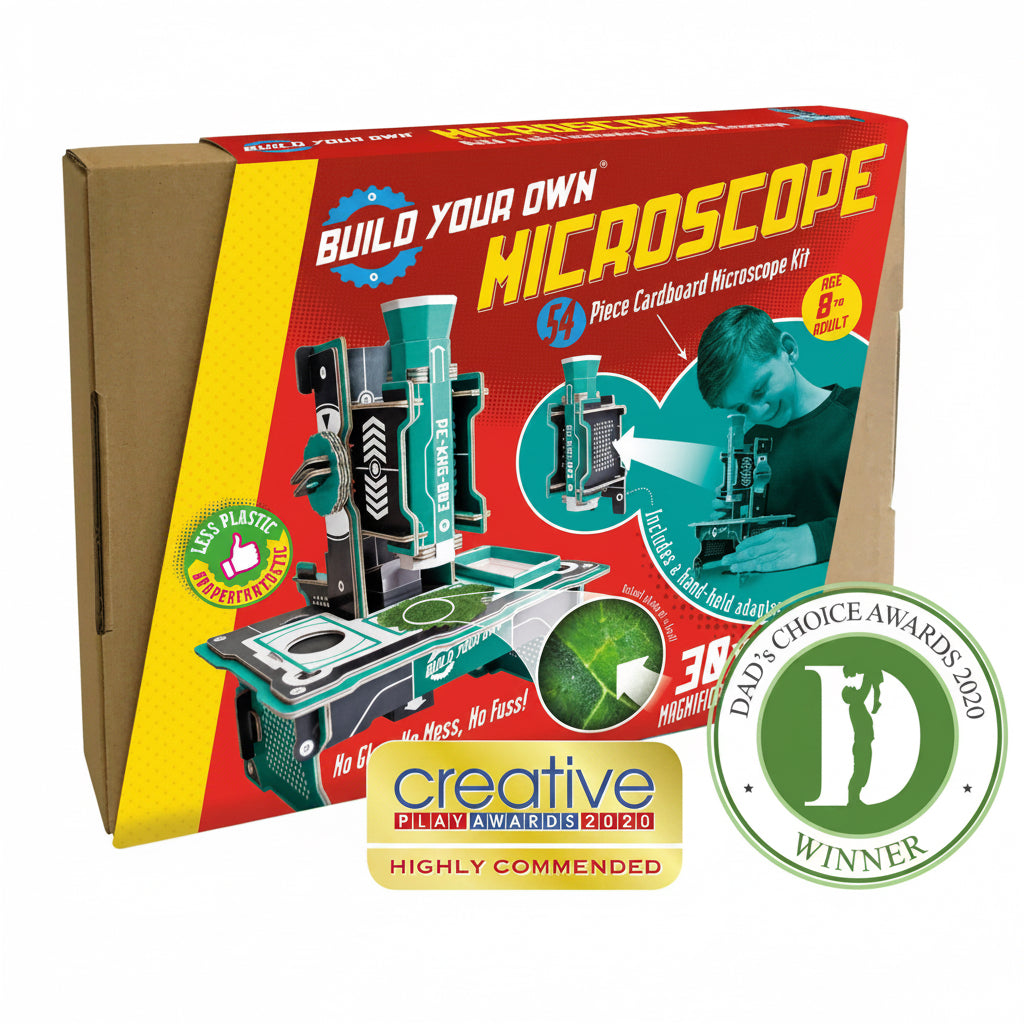 Box of 'Build Your Own Microscope' kit with colorful design and award badges.