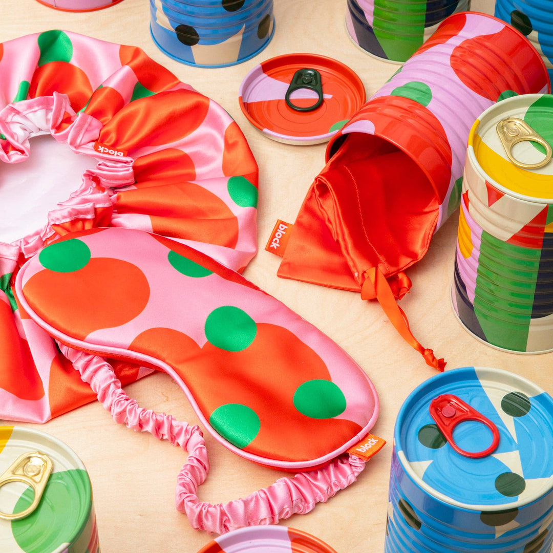 Block Design Tinned Goods travel set with colourful eye mask, shower cap and waterproof bag in a baked beans style tin