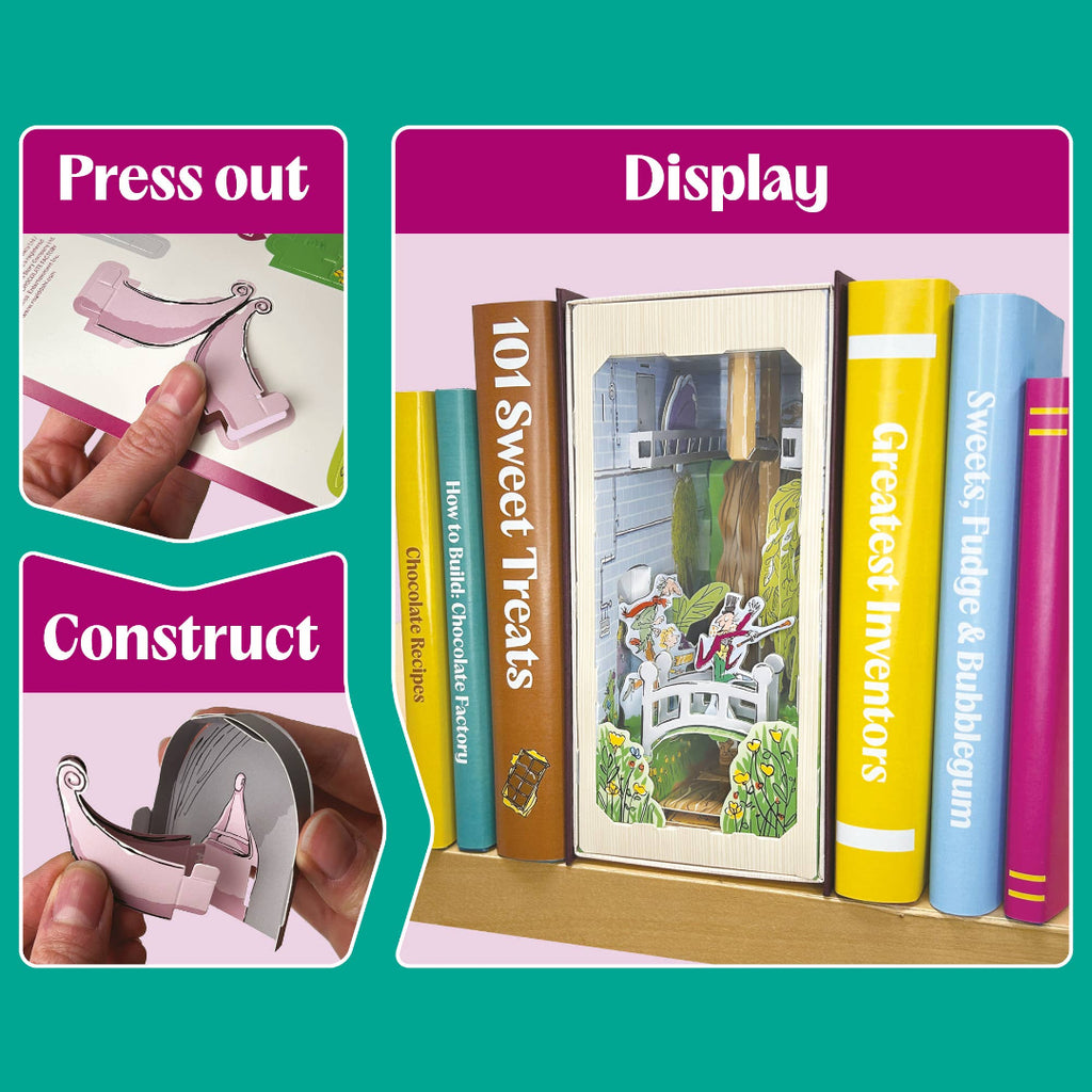 A collage showing a book-shaped 3D puzzle book with a pink bridge and garden scene. The left side has two inset panels labeled 'Press out' and 'Construct' showing hands assembling the book.