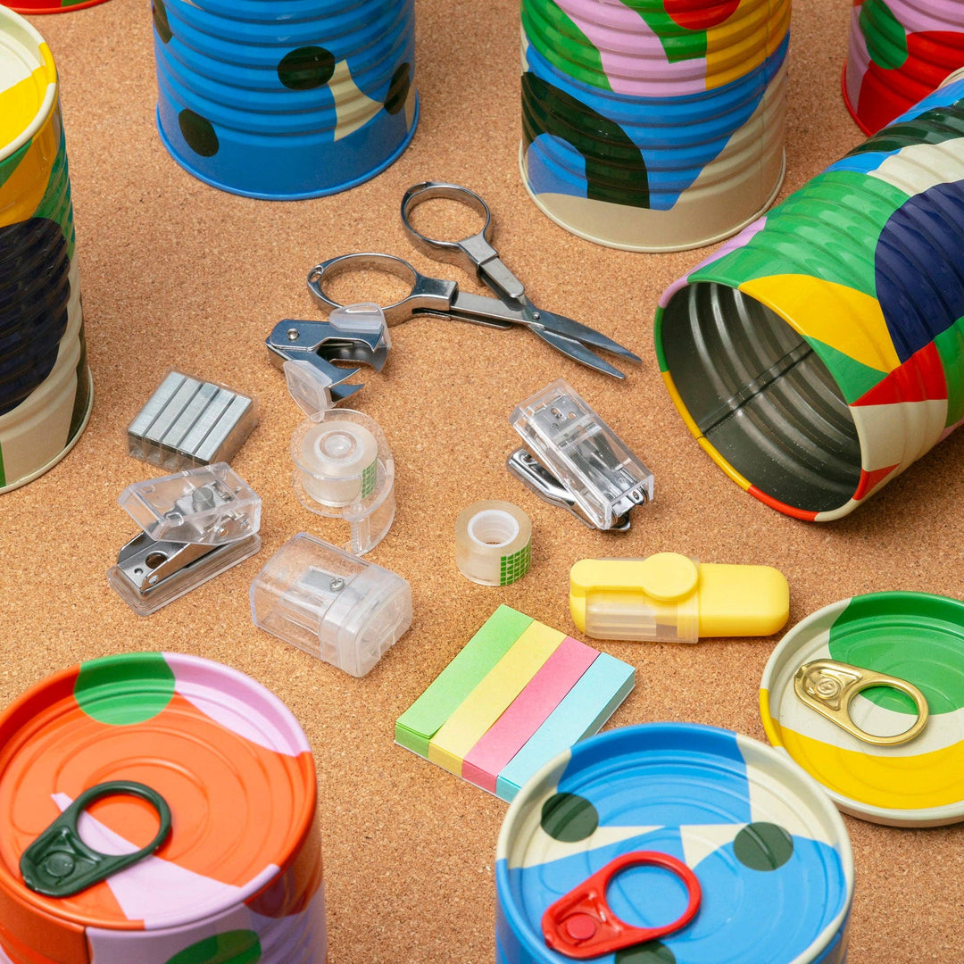 Block Design Tinned Goods desk kit with mini stapler, scissors, tape, sticky notes and more in a baked beans style tin