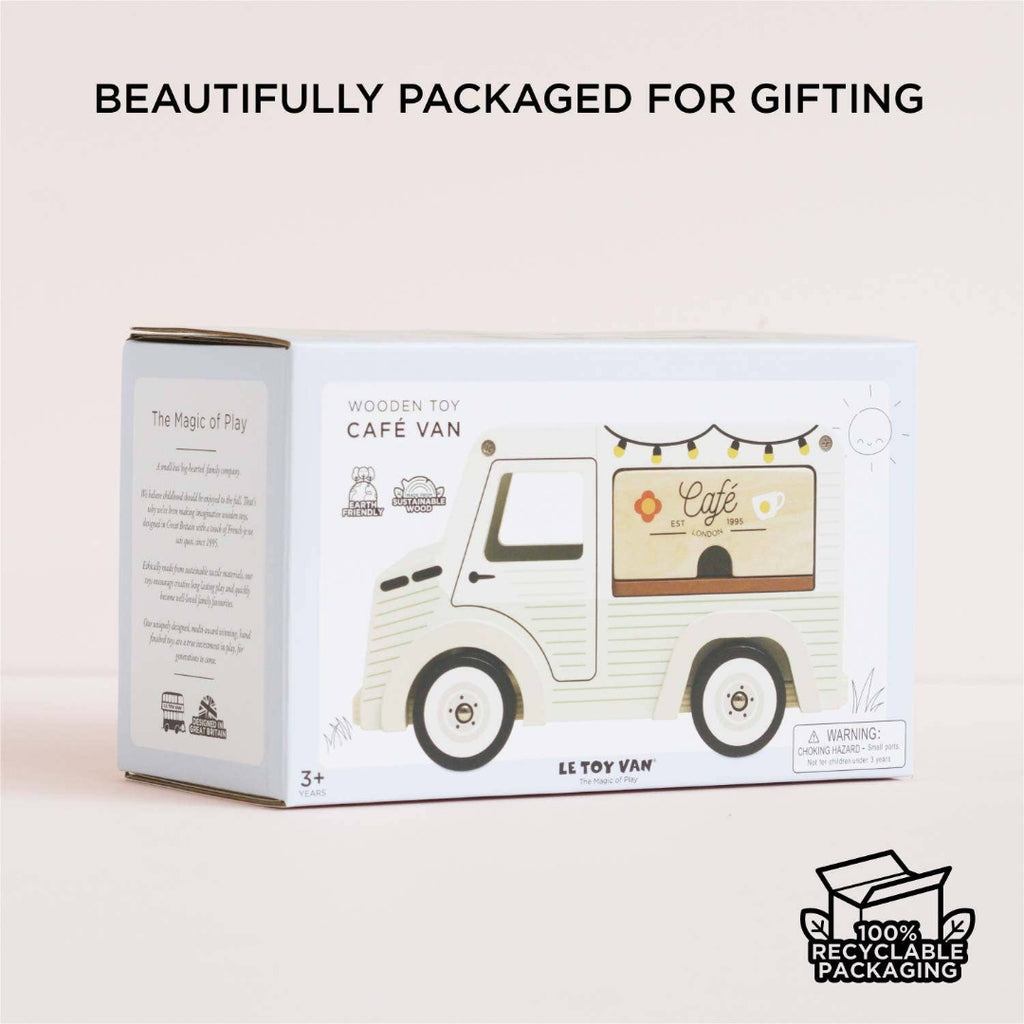 Boxed wooden toy café van with 'LE Toy Van' branding on a light background