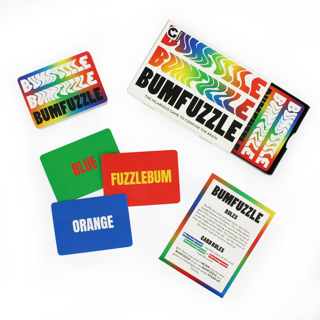 Colorful card game 'Bumfuzzle' with cards and rule sheet on a white background