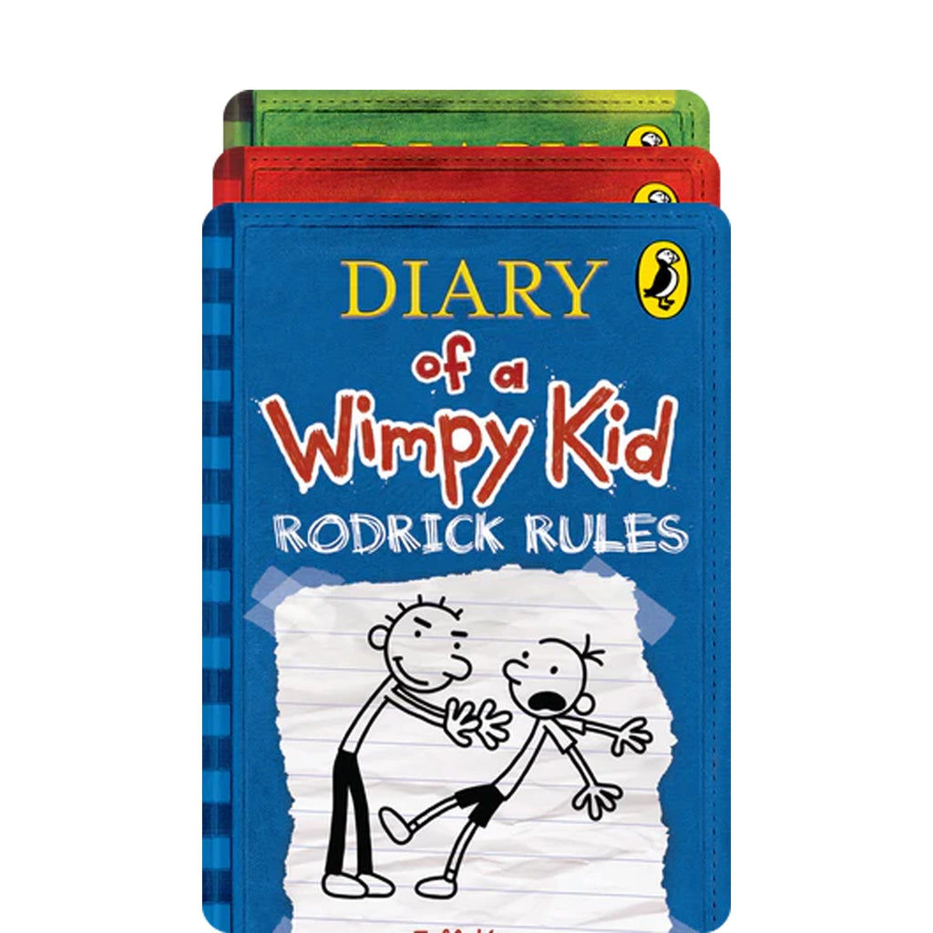 Stack of 'Diary of a Wimpy Kid' books with colorful spines on a white background