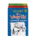 Stack of 'Diary of a Wimpy Kid' books with colorful spines on a white background