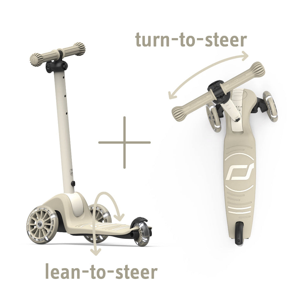 Two views of a scooter with 'turn-to-steer' and 'lean-to-steer' labels on a white background.