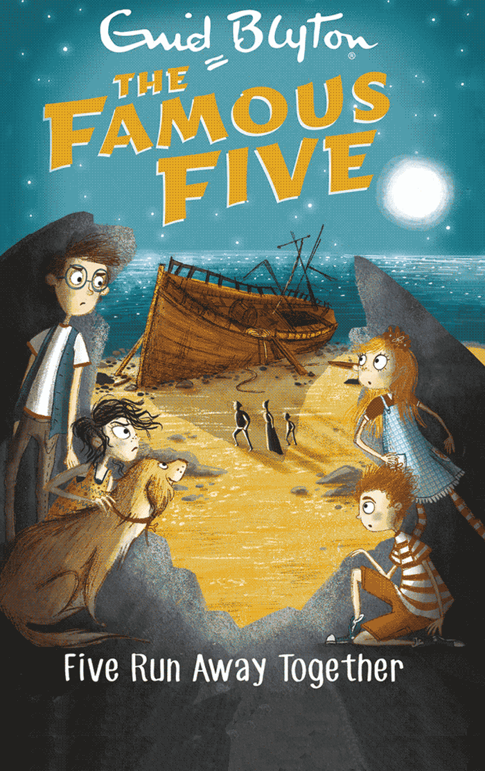 Book cover of 'The Famous Five' series with characters on a beach at night.