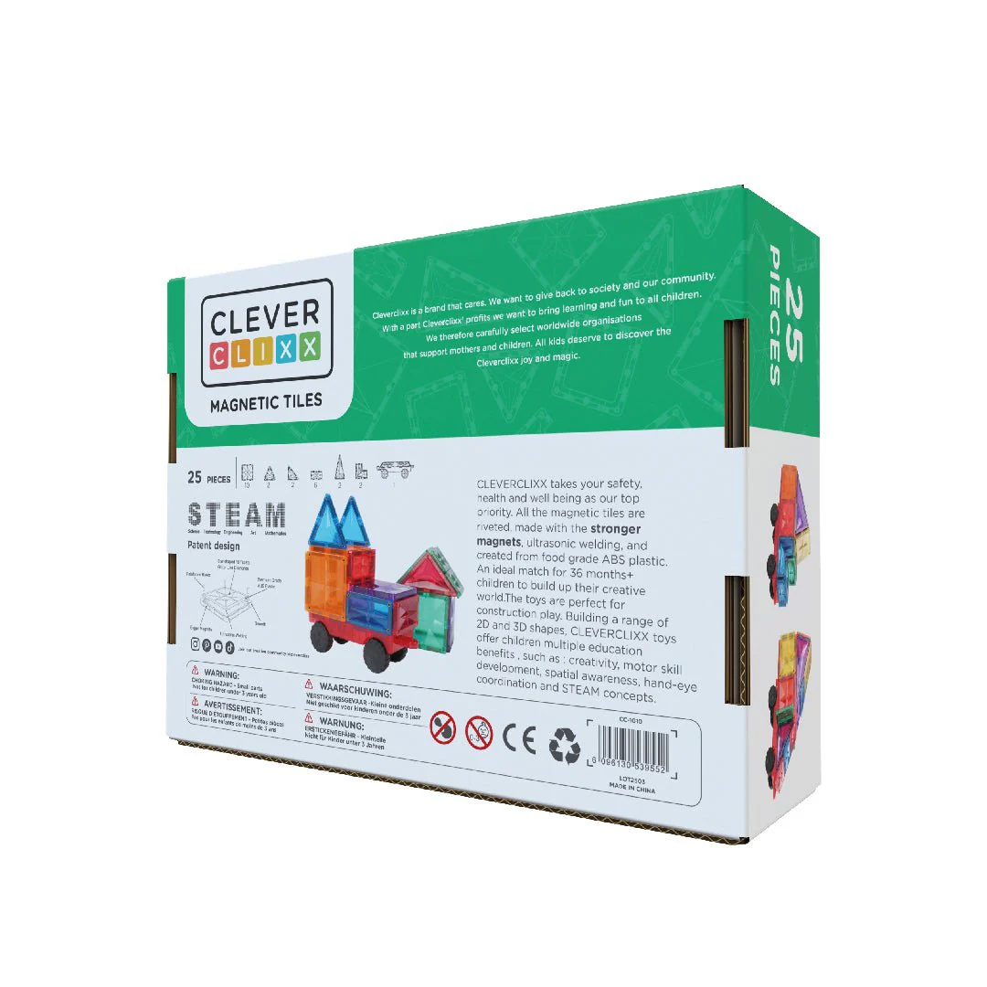 Box of Clever Blixx magnetic tiles with colorful toy model on a white background