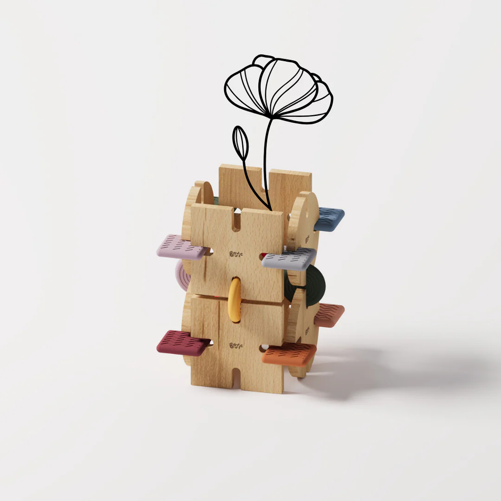 Wooden toy with colorful components on a white background