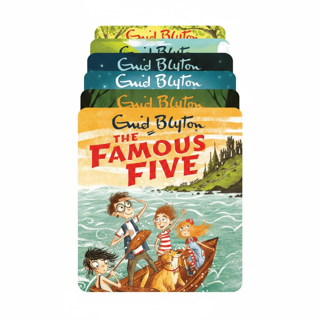 Stack of 'The Famous Five' books by Enid Blyton with a colorful illustration of children on a boat.