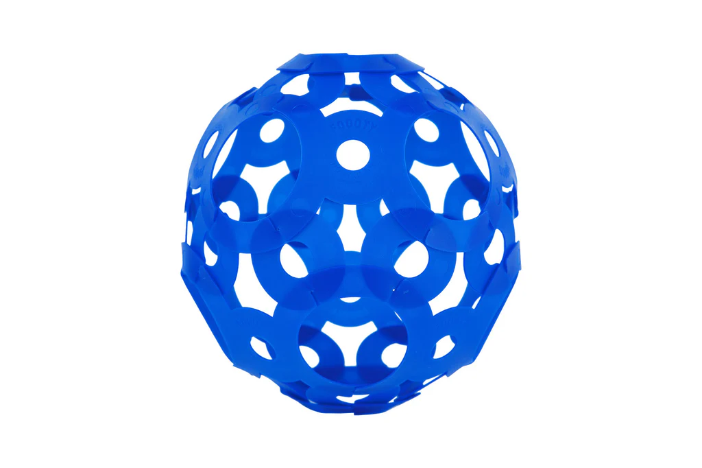 Blue geometric ball toy on a white background